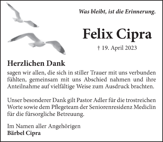 Traueranzeige von Felix Cipra von Neue Deister-Zeitung