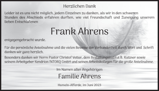 Traueranzeige von Frank Ahrens von Deister- und Weserzeitung