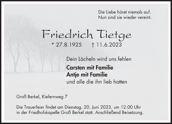 Traueranzeige von Friedrich Tietge von Deister- und Weserzeitung