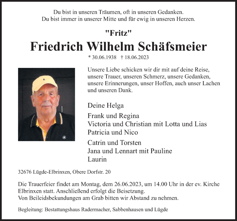  Traueranzeige für Friedrich Wilhelm Schäfsmeier vom 22.06.2023 aus Deister- und Weserzeitung