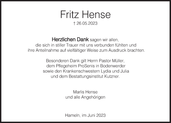 Traueranzeige von Fritz Hense von Deister- und Weserzeitung