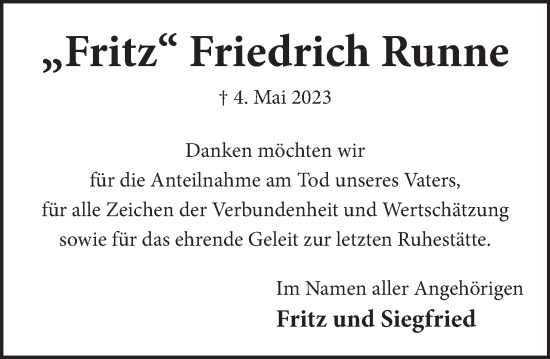 Traueranzeige von Fritz Friedrich Runne von Neue Deister-Zeitung