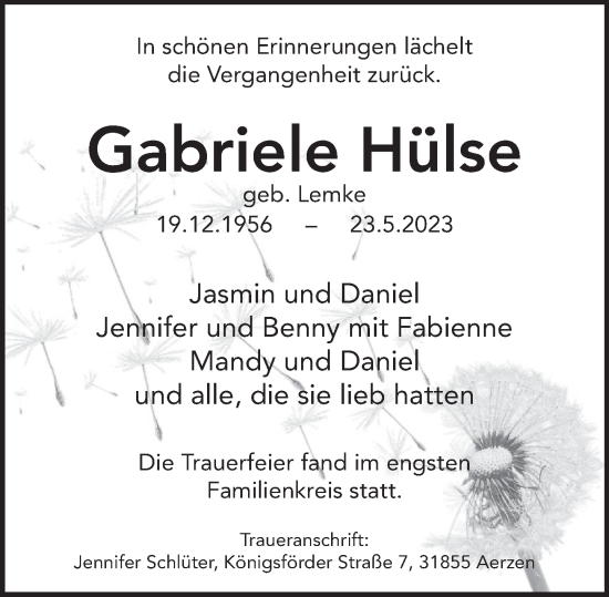 Traueranzeige von Gabriele Hülse von Deister- und Weserzeitung