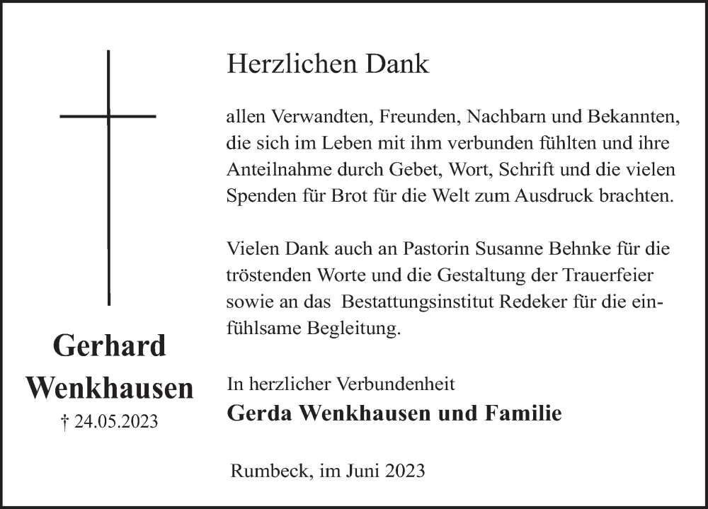  Traueranzeige für Gerhard Wenkhausen vom 29.06.2023 aus Deister- und Weserzeitung