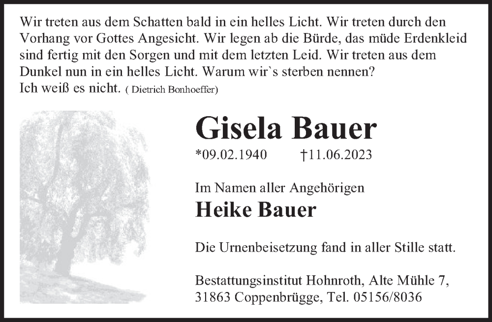  Traueranzeige für Gisela Bauer vom 17.06.2023 aus Deister- und Weserzeitung