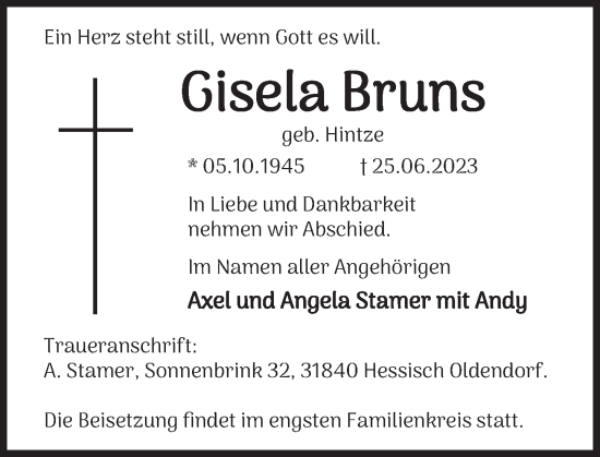 Traueranzeige von Gisela Bruns von Deister- und Weserzeitung