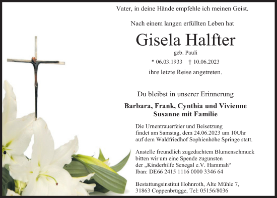 Traueranzeige von Gisela Halfter von Deister- und Weserzeitung