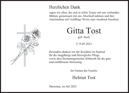 Traueranzeige von Gitta Tost von Deister- und Weserzeitung