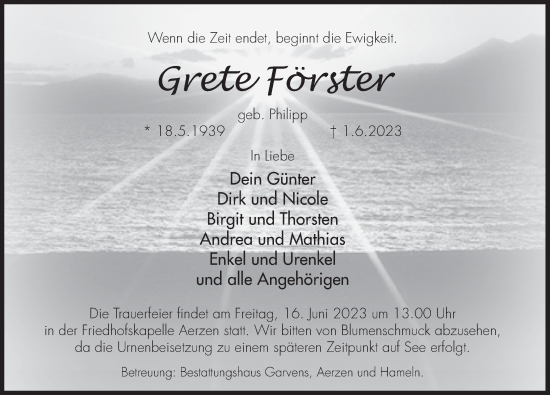 Traueranzeige von Grete Förster von Deister- und Weserzeitung