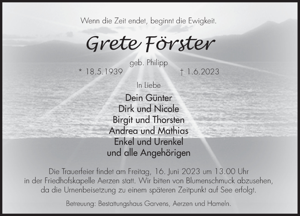  Traueranzeige für Grete Förster vom 10.06.2023 aus Deister- und Weserzeitung