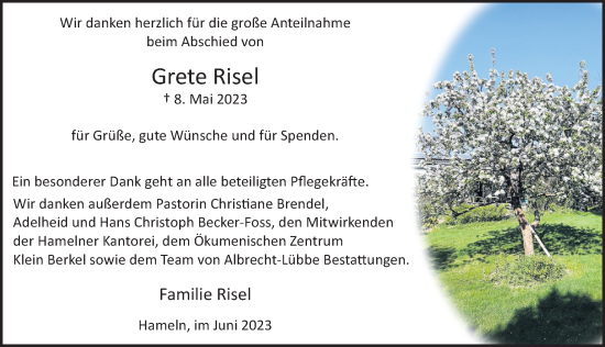 Traueranzeige von Grete Risel von Deister- und Weserzeitung