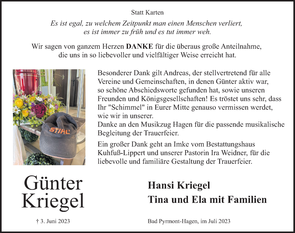  Traueranzeige für Günter Kriegel vom 01.07.2023 aus Deister- und Weserzeitung