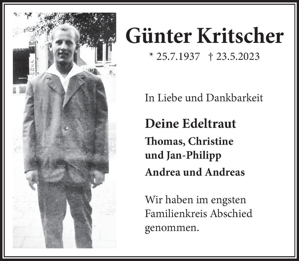  Traueranzeige für Günter Kritscher vom 09.06.2023 aus Deister- und Weserzeitung