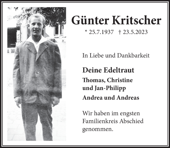 Traueranzeige von Günter Kritscher von Deister- und Weserzeitung