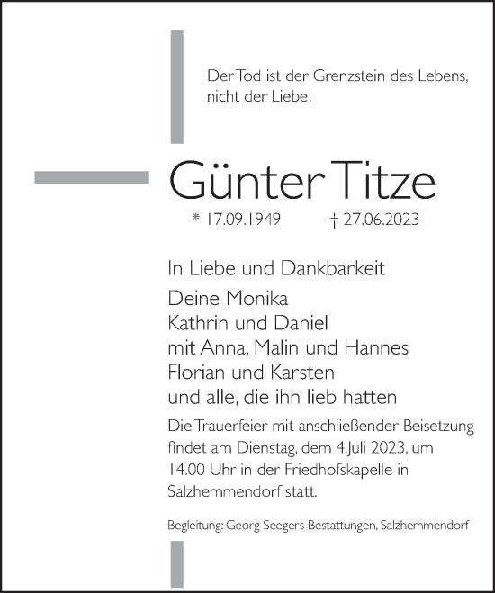 Traueranzeige von Günter Titze von Deister- und Weserzeitung