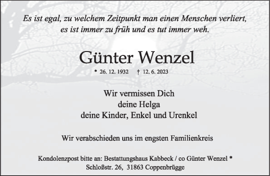 Traueranzeige von Günter Wenzel von Deister- und Weserzeitung
