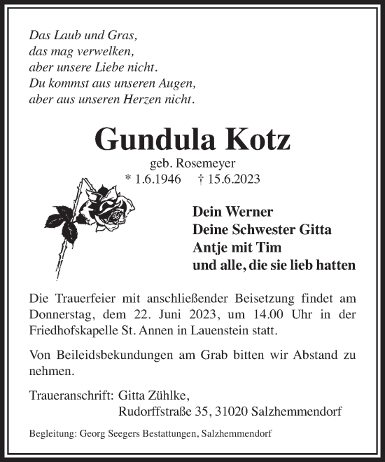 Traueranzeige von Gundula Kotz von Deister- und Weserzeitung