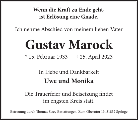 Traueranzeige von Gustav Marock von Neue Deister-Zeitung