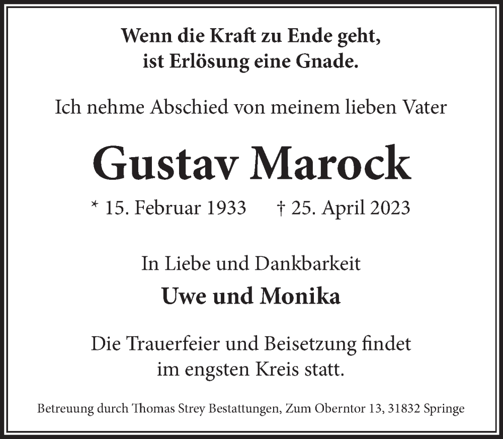  Traueranzeige für Gustav Marock vom 20.05.2023 aus Neue Deister-Zeitung
