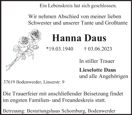 Traueranzeige von Hanna Daus von Deister- und Weserzeitung