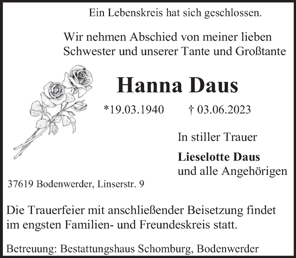  Traueranzeige für Hanna Daus vom 06.06.2023 aus Deister- und Weserzeitung