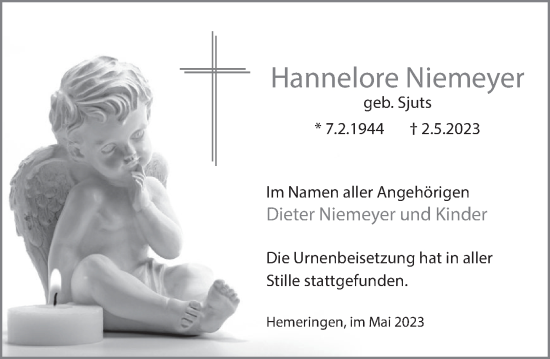 Traueranzeige von Hannelore Niemeyer von Deister- und Weserzeitung