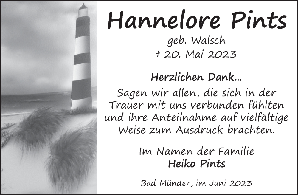  Traueranzeige für Hannelore Pints vom 24.06.2023 aus Neue Deister-Zeitung