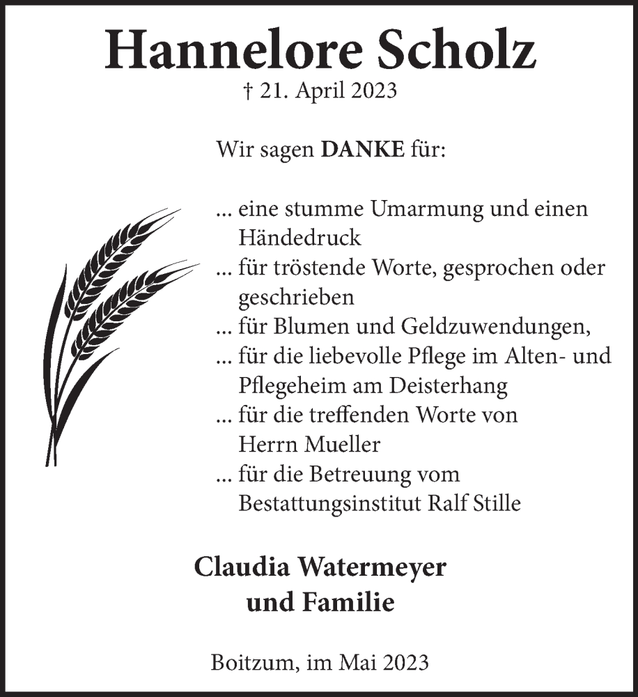  Traueranzeige für Hannelore Scholz vom 20.05.2023 aus Neue Deister-Zeitung