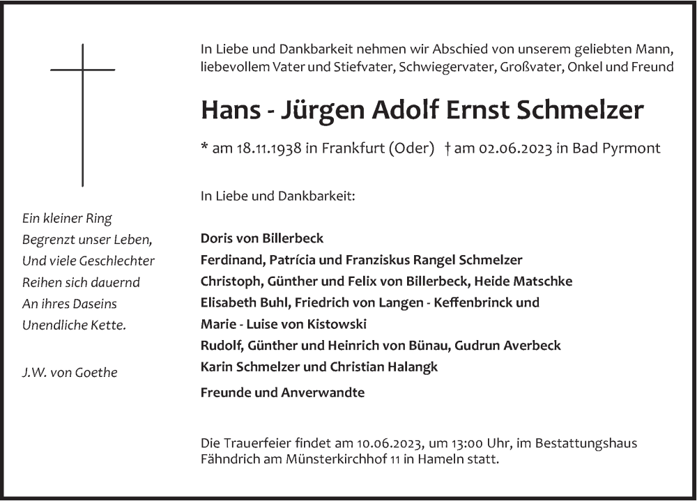  Traueranzeige für Hans-Jürgen Adolf Hans - Jürgen Adolf Schmelzer vom 06.06.2023 aus Deister- und Weserzeitung