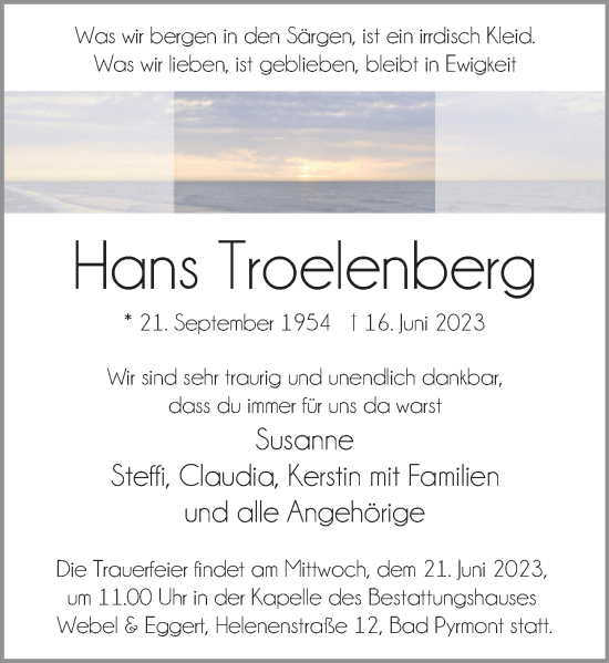 Traueranzeige von Hans Troelenberg von Deister- und Weserzeitung