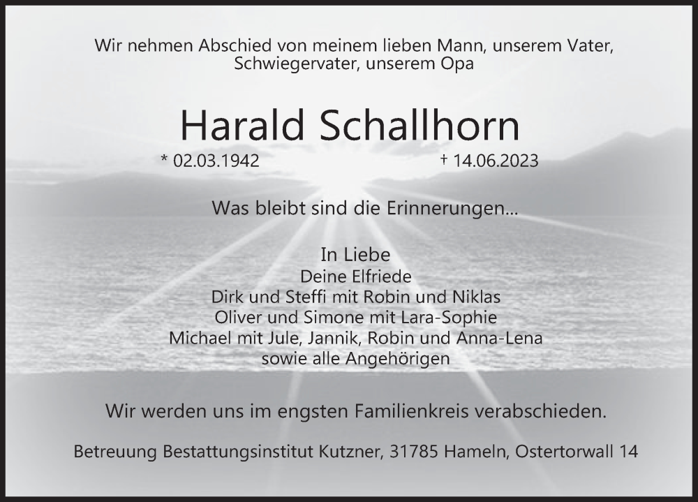  Traueranzeige für Harald Schallhorn vom 19.06.2023 aus Deister- und Weserzeitung