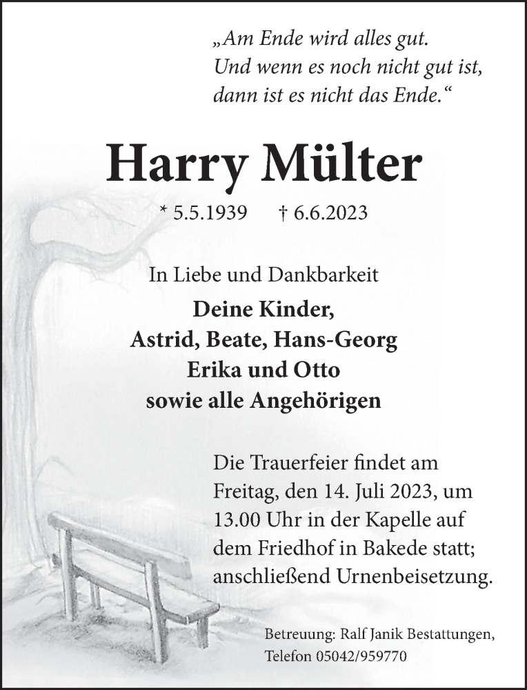  Traueranzeige für Harry Mülter vom 08.07.2023 aus Neue Deister-Zeitung