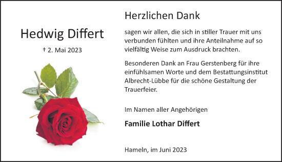 Traueranzeige von Hedwig Differt von Deister- und Weserzeitung