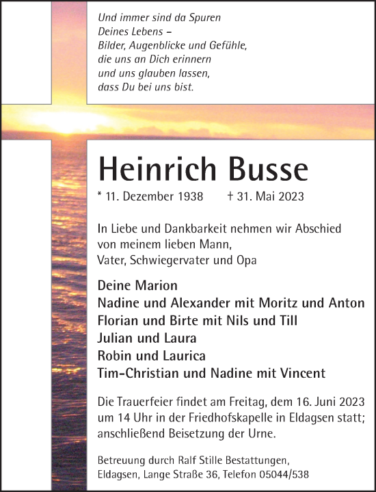 Traueranzeige von Heinrich Busse von Neue Deister-Zeitung