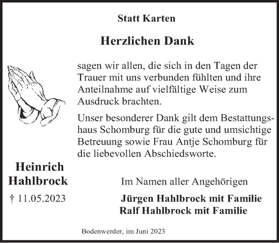 Traueranzeige von Heinrich Hahlbrock von Deister- und Weserzeitung