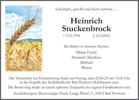 Traueranzeige von Heinrich Stuckenbrock von Deister- und Weserzeitung