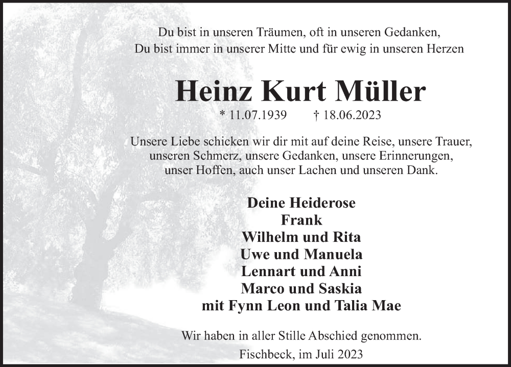  Traueranzeige für Heinz Kurt Müller vom 01.07.2023 aus Deister- und Weserzeitung