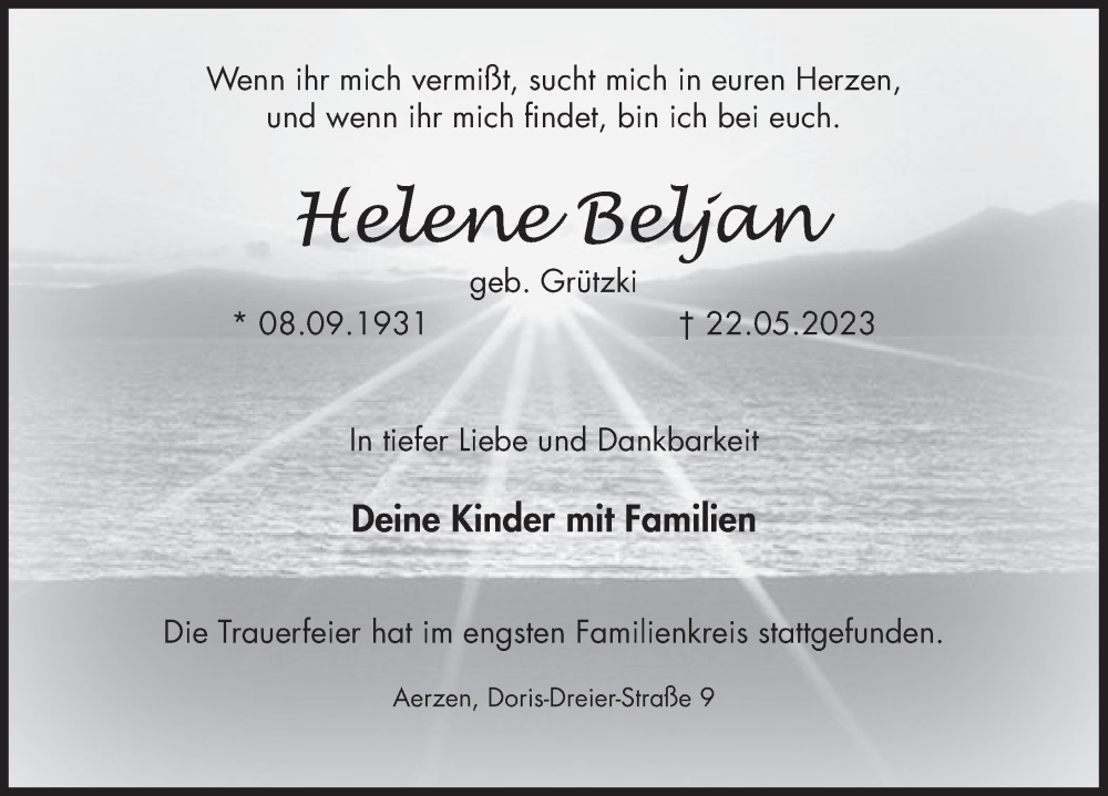  Traueranzeige für Helene Beljan vom 10.06.2023 aus Deister- und Weserzeitung