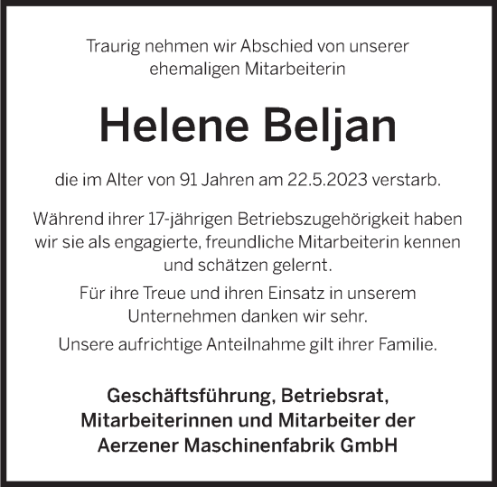 Traueranzeige von Helene Beljan von Deister- und Weserzeitung