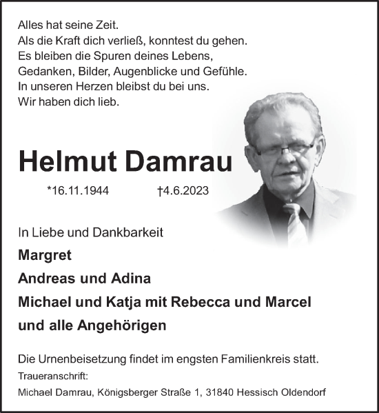 Traueranzeige von Helmut Damrau von Deister- und Weserzeitung