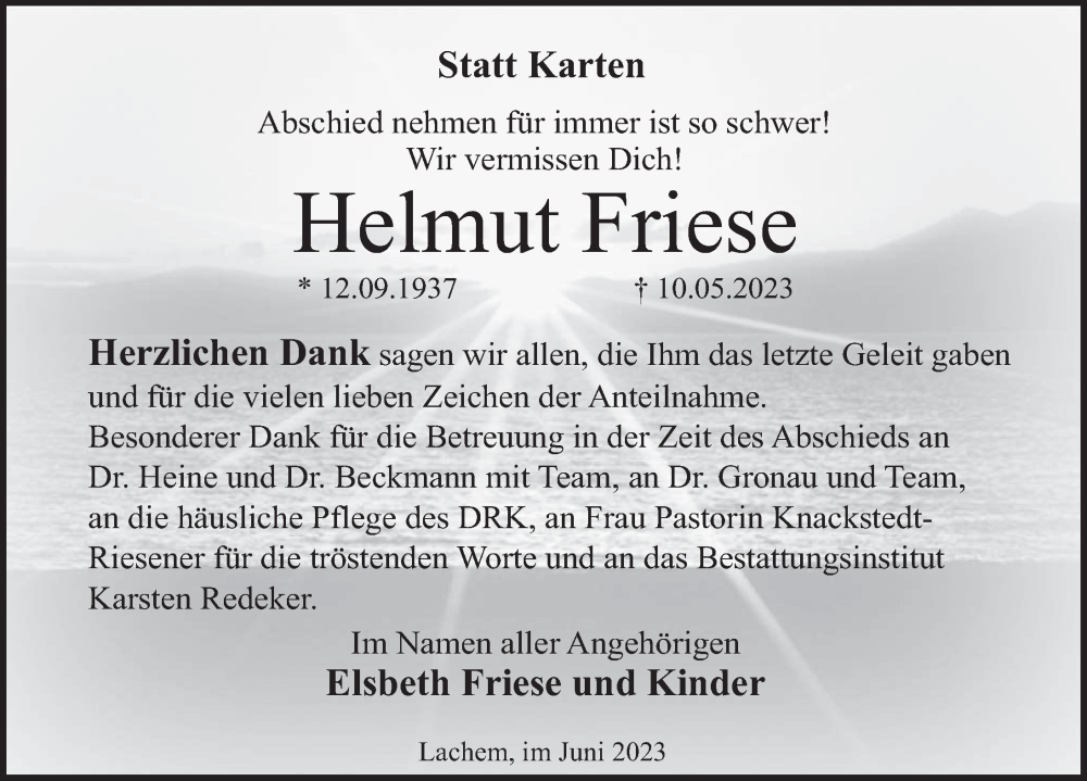  Traueranzeige für Helmut Friese vom 03.06.2023 aus Deister- und Weserzeitung