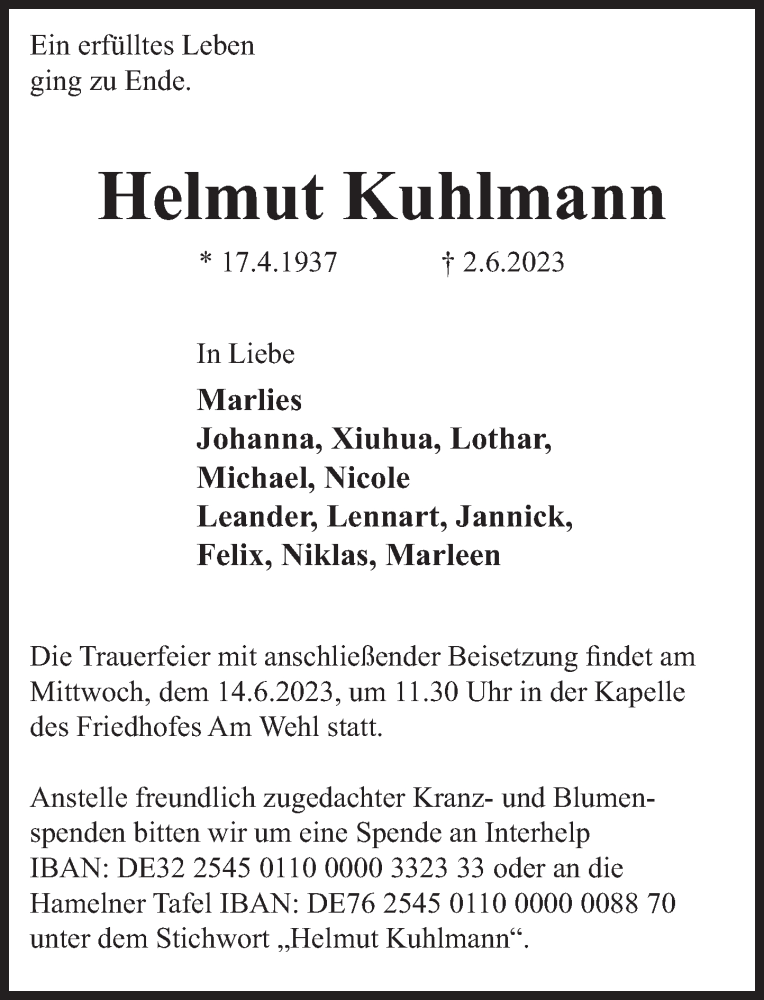  Traueranzeige für Helmut Kuhlmann vom 10.06.2023 aus Deister- und Weserzeitung