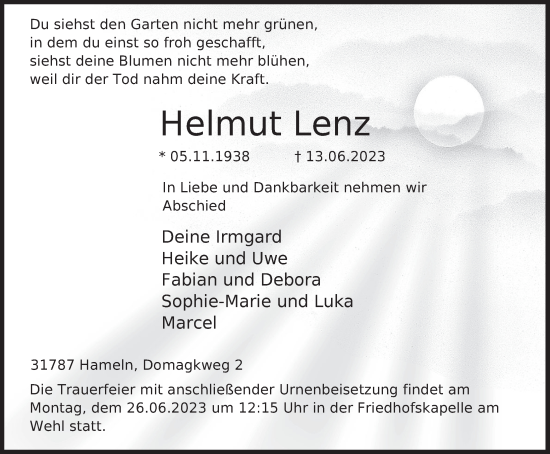 Traueranzeige von Helmut Lenz von Deister- und Weserzeitung