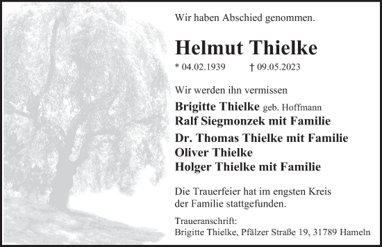 Traueranzeige von Helmut Thielke von Deister- und Weserzeitung
