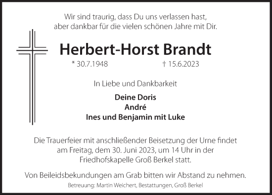 Traueranzeige von Herbert-Horst Brandt von Deister- und Weserzeitung