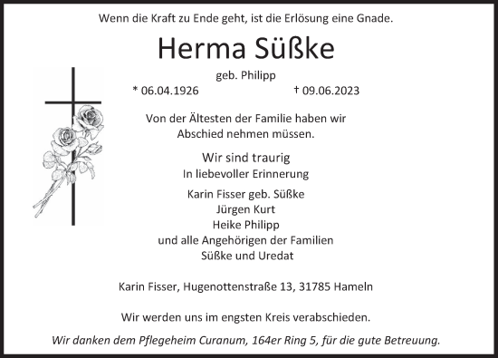 Traueranzeige von Herma Süßke von Deister- und Weserzeitung
