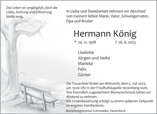 Traueranzeige von Hermann König von Deister- und Weserzeitung