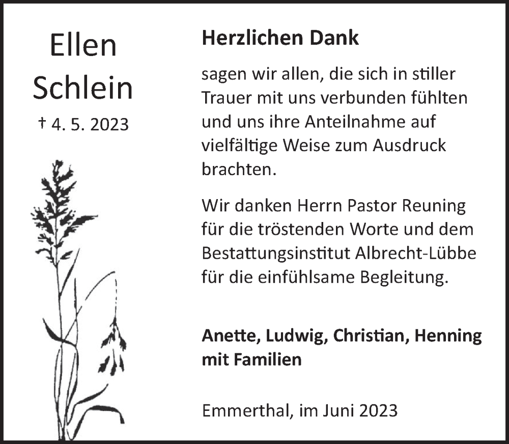  Traueranzeige für Herzlichen Dank vom 10.06.2023 aus Deister- und Weserzeitung