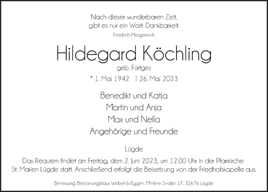 Traueranzeige von Hildegard Köchling von Deister- und Weserzeitung