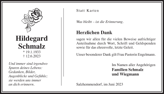 Traueranzeige von Hildegard Schmalz von Deister- und Weserzeitung